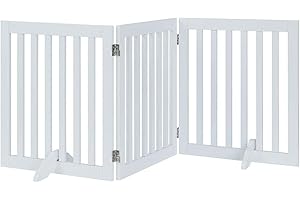 unipaws Freestanding Dog Gate, Foldable Pet Fence, Indoor Wood Barrier, Assembly Free Stair Gate with 2PCS Support Feet (61cm H, 3 Panels, White)