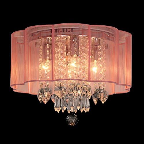 Dst Flushmount Transparent Jewel Crystal Pendant Ceiling Light, 4 Lights Chandelier with Pink String Shade for Bedroom Dining Room Living Room D40cm H33cm
