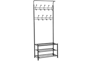 T-LOVENDO.ES T-LoVendo Zapatero y Perchero de pie Entrada o Recibidor Metálico. Estantería. 18 Ganchos y 3 Estantes. 180x65x30cm. Negro