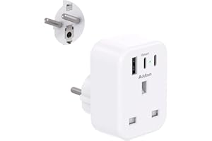 ADDTAM UK to European Plug Adapter with 3 USB Ports(2 USB C), EU Schuko Travel Adaptor for Germany France Spain Turkey Russia Iceland Greece Poland Portugal Austria Netherlands(Type E/F)