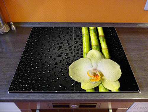 Wallario Herdabdeckplatte / Spritzschutz aus Glas, 2-teilig, 60x52cm, für Ceran- und Induktionsherde, Grüne Orchidee mit Bambus auf schwarz – Regentropfen - 2