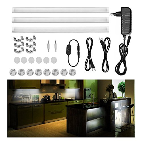 Preisvergleich Produktbild Guaiboshi LED Unterbauleuchte Dimmbare Schrankbeleuchtung Energiesparende Küchenlampen 12V DC mit Mächtiger Magnete für Schränke, Bücherregale, Kabinette, Küchen usw - 3pcs [Energieklasse A+]