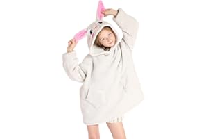 NLAND Sudadera con Capucha para Niñas Niños 7-14 Años Suave y Cómodo Sudadera Manta Oversize de Invierno Cálido y Grueso Batamanta de Forro Polar con Bolsillos y Mangas(Conejo Gris,Talla única)
