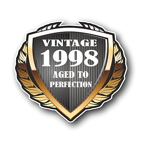 Vintage 1998 Aged To Perfection Golden Shield Year Dated Design Novelty Vinyl Car Motorcycle Sticker Decal Emblem 100x90mm