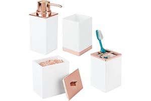 mDesign Accessori Bagno – Include 1 portaspazzolini, 1 Dispenser Sapone, 1 Contenitore con Coperchio e 1 Bicchiere – Perfetto per Bagno padronale o degli Ospiti – Set da 4 – Bianco/Oro Rosato