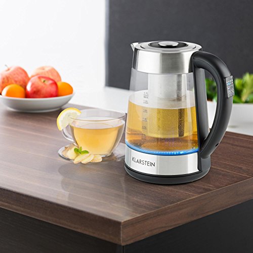 Klarstein Ostfries Hervidor de agua 2 en 1 • Tetera eléctrica • Colador de té • 1,7 litros • 2200W de potencia •Preparación bebidas aromáticas calientes • Temperatura regulable • Colador • Cool touch • Iluminación LED • Acero inoxidable • Cristal