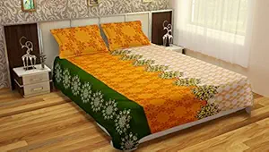 MAFATLAL Cotton Kingsize Bedsheet Double with 2 Pillow Covers - King Size, Yellow and Green