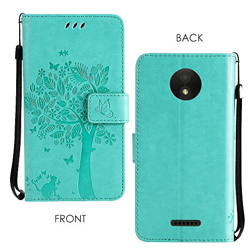 Motorola Moto C Plus HÃ¼lle, CLM-Tech Tasche aus Kunstleder Wallet Case - SchutzhÃ¼lle [Standfunktion] [Magnetverschluss] [KartenfÃ¤cher] [Handschlaufe] Flip Cover - Bookstyle Handy Flipcase Baum Katze Schmetterlinge grÃ¼n, PU Leder-Tasche fÃ¼r Motorola Moto C Plus LederhÃ¼lle