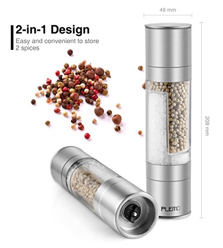 Plemo Salz- und Pfeffermühle 2-in-1 Set aus Edelstahl einstellbarem Mahlgrad unbefüllt mit Keramikmahlwek | Höhe 23,2cm | Design Geschenke für Köche und Gourmets - 2