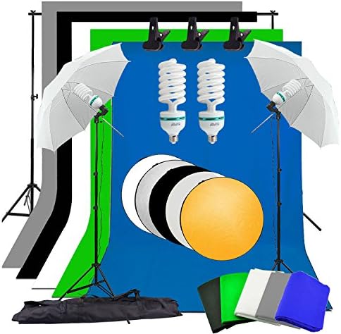 Abeststudio Photography Studio Continuous Lighting Kit 2X 135W Flash Light Set with 5 Backdrops (Black White Green Gray Blue)+ 2 Umbrellas+ Background Light Stand Set + 60cm 5 in 1 Reflector Panel
