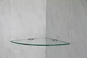 BSM Marketing Clear 200mm (7.8" Approx) 6mm Thickness Toughened Glass Corner Shelves for Bathroom Bedroom Kitchen Office with Chrome Finish Shelf Supports