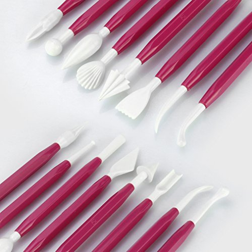 Auralum® 11-teilig Kuchendekorationswerkzeuge, Modellierset – Zuckerkunst, Torten-Set Modellierwerkzeug, Teigglätter/-messer/-roller für Torten, Kuchen und Deko (Rosa) - 3