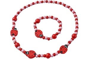 MHDAMAI Holz Kinder Schmuck Set,Einhorn Freundschaftsarmband Einhorn Perlen Halskette und Armband Geschenk für Mädchen Geburtstag Party Dress Up Kostüm Zubehör,Marienkäfer