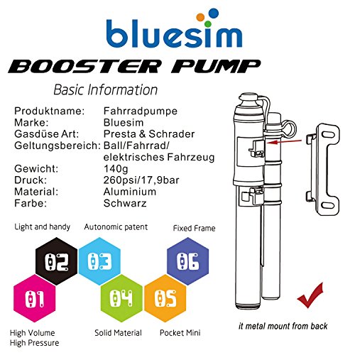 Bluesim Fahrradpumpe Minipumpe Luftpumpe Ballpumpe Standpumpe Mini-Fahrradpumpe mit Befestigungsklammer für Presta & Schrader Ventil hohen Druck 18 bar 260 psi für Fahrrad und Bälle - 7