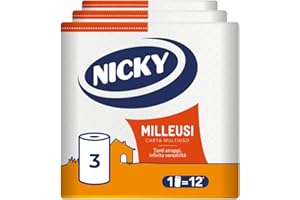 Nicky Milleusi Carta Assorbente Multiuso - Confezione da 3 Maxi Rotoli a 2 veli, 550 strappi per rotolo, Grande Assorbenza e Resistenza per pulizie in ogni ambiente, Prodotto 100% italiano