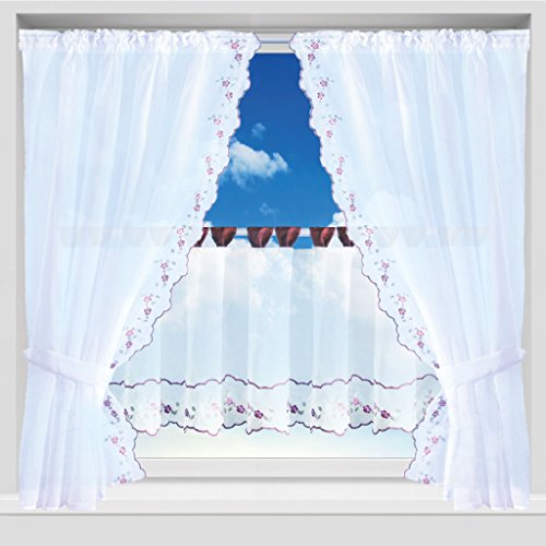 Gardinenset Voile mit Stangendurchzug Serie: Satin, Auswahl: weinrot - Blumen bestickt 5-teilig