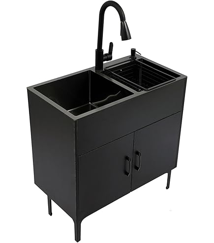 Vrijstaande roestvrijstalen gootsteen, buitenwastafel met warme en koude kraan commerciële enkele kom gootsteen voor garage, werkplaats, wasruimte, camping- 52 x 72 x 85cm