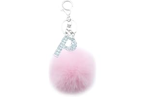 Xsclpomddy Silver Alphabet Keychain Artificial Fur Pink Pom Pom Rhinestone Crystal Letter Key Rings for Women Girls