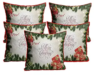 PINK SWAN Jute Exclusive Merry Christmas Decorative Throw/Pillow Covers, Cushion Covers for Gifting, Living Room, Bed Room, Sofa,Chairs Pack/Set of 5 (Multicolour, Size 16 x 16 Inches) Design 69