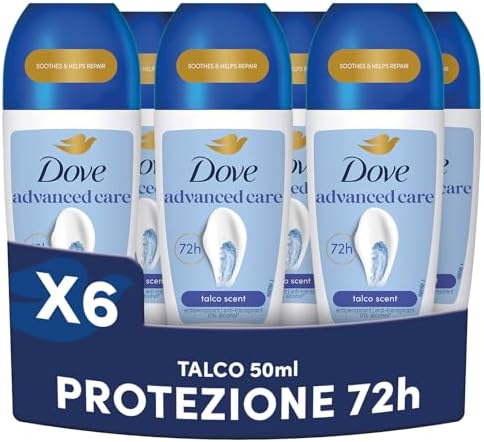 Dove, Deodorante Roll On Advanced Care Talco, Deodorante Antitraspirante, Formula Delicata Con Tripla Azione Idratante, Protezione Fino a 48 Ore, Deodorante Uomo e Donna, 6 Pezzi da 50 ml