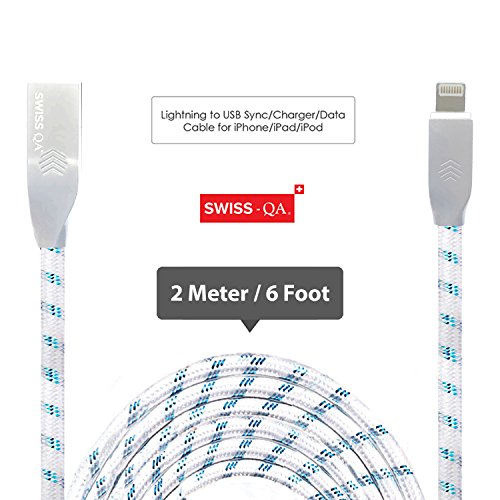 Lightning Kabel – 2m, Blau, Neustes Design – Sehr schnelles iPhone 7 Ladekabel – verstärktes USB Datenkabel mit Knickschutz – Für Apple iPhone 7 6 5, iPad, iPod – SWISS-QA Geldrückgabe Garantie - 2