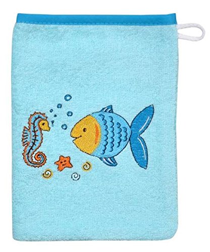 Frottee Waschlappen/Waschhandschuh, Farbe türkis, Motiv Fische, Größe ca. 15x20 cm