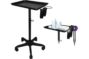 LEIBOU Beauty Aluminum Salon Tray Cart, Professional Adjustable Salon Instrument Trolley Stand with 5 Casters and Accessory Caddy, Large Tray, Beauty Tool Trolley Service Cart (Black)