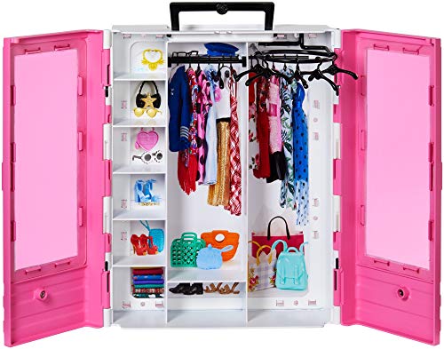 Barbie GBK11 - Tragbarer Traum Kleiderschrank mit Kleiderbügel, Puppenzubehör und Puppen Spielzeug - 