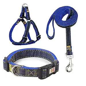 Mengbei tribe Dog Belt Collar Chest and Back Traction Rope Set, wear-Resistant Denim Sewing Rope Length 47.2 inches (Blue)