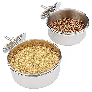 FinYii 2-Pack Bird Parrot Feeding Cups with Clamp, Stainless Steel Food Water Bowls Dish for Small Animal, Chinchilla, Ferret, Cockatiel, Conure, Parakeet