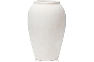 Oairse Jarrón de terracota hecho a mano de color crema de 25 cm de alto, jarrón de cerámica vintage para flores, jarrones rústicos antiguos, decoración de boca ancha, acabado mate para decoración del