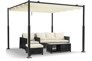VOUNOT® Pergola Retrattile Scorrevole 3x3m, Gazebo da Giardino con Telo in Poliestere 180g/m², Tenda da Sole per Terrazza Esterno, Struttura in Metallo Resistente, Beige Scuro