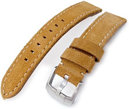 20mm MiLTAT Camel Brown Nubuck Leather Watch Band, Beige Stitching