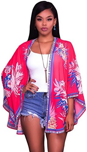 Lolyze Women Wide Sleeves Open Front Lotus Floral Chiffon Boho Kimono Beach Cover Up Cardigan Blouse