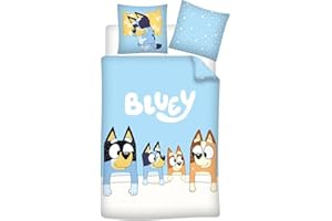 Aymax Bluey Family dwustronny komplet pościeli, 1 osoba, dwustronna poszwa na kołdrę 140 x 200 cm + poszewka na poduszkę 65 x 65 cm, bawełna poliestrowa