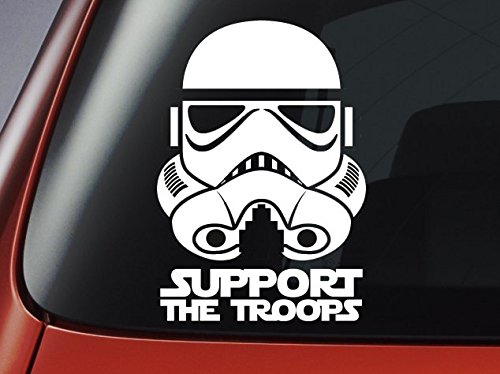 Vinyl-Aufkleber, Motiv: Star Wars – klassischer imperialer Sturmtruppler (Stormtrooper) mit Aufschrift „Support the Troops“ – Sticker für Auto, Fenster, Wand, Laptop