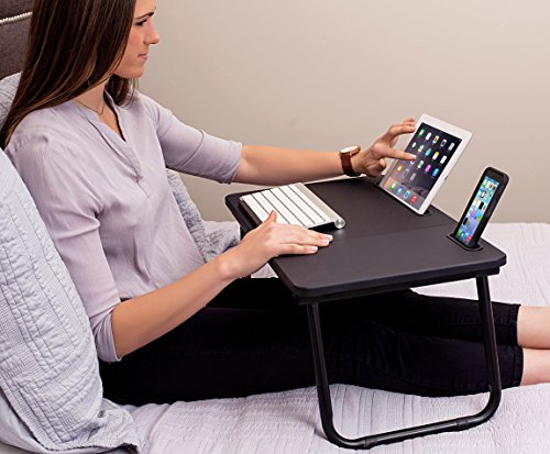 Sofia + Sam Knietablett mit Tablet & Handy Slots | Metall klappbaren Beinen | Runde Schreibtisch mit Kippen Top | Notebook Ständer | Frühstück Servieren Bett Tablett schwarz - 3