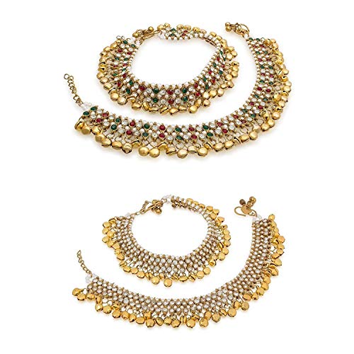 Ekan Combo of 2 Anklet for Women & Girls, Multicolor Traditional Gold Plated Anklets for Karvachauth, Diwali, 30 Gram Pack of 1
