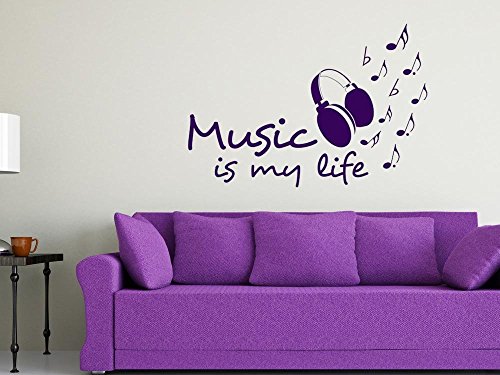 Wandtattoo Wandaufkleber Tattoo für Wohnzimmer Spruch Music is my life Noten (83x57cm//041 pink)