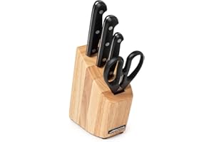 Arcos Conjunto Cuchillos 4 piezas (3 Cuchillos + 1 tijeras). Acero Inoxidable y Hoja mm. 1670 gr. Bloque madera pino. Mango ergonómico polioximetileno POM. Serie Universal. Mayor control. Color negro.