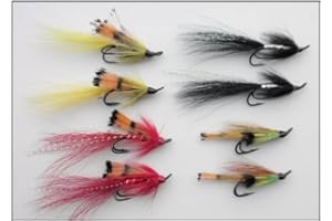 TROUTFLIESUK 8 Salmon Doubles, Black and Silver, Red Allys Shrimp, Yellow Allys Shrimp and Green Highlander, Double Hook Salmon Flies, Choice of Sizes