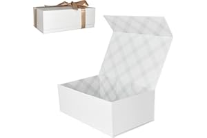 Tekhoho Caja de Regalos Blanco 27x17,5x10 cm, Caja de Regalos Premium con Tapa MagnéTica y Cinta para Embalaje de Regalos de Bodas y CumpleañOs, Forro a Cuadros