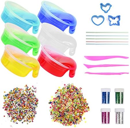 DIY Slime Kit - Include 6 Pack Non-toxic Crystal Clay Mud, 5000PCS Colorful Foam Balls, 2500PCS Fruit Face Decoration, 4 Bottles Glitter Shaker Jars - Magic Transparent Plasticine Toys for Children (Random Colours)