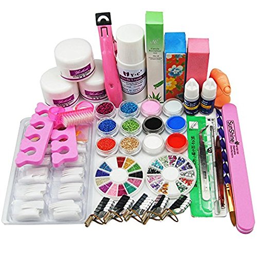 24 in 1 Combo Set Professionelle DIY Nail Art Dekorationen Kit Pinsel Puffer Acryl Glitzer Pulver Nagelhaut Revitalizer Öl Pen Tool Nagel Tips Rhinestones Perlen wiederverwendbare Form Leim Acryl Set