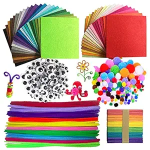Wartoon Pipe Cleaners Crafts Set, Pipe Cleaners Chenille Stem and Pompoms with Googly Wiggle Eyes and Craft Sticks Assorted Colors Non-Woven Felt Fabric Sheets for Craft DIY Art Supplies, 590 Pieces