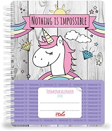 FLVG Diary/Date Book 2018&nbsp;Unicorn&nbsp;DIN A5&nbsp;Calendar With A Cute, Sweet Unicorn, Rainbow and Clouds, Spiral Bound,&nbsp;Handmade by JamOnMedia [English Language Note Guaranteed]
