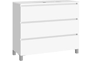 Baikal Conjunto de Mueble de Baño LESI. Compuesto por Mueble con Patas y Lavabo Cerámico. Tres Cajones. Melamina 16mm. Mueble MONTADO. Fondo 39cm 100 cm Blanco Mate