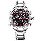 YSCYLY Männer Quarzuhr Multifunction Luminous Elektronische Uhr Waterproof Steel Belt LED Elektronische Militär Stoppuhr Army Shock Resistant Beiläufige Handgelenk Business Für Männer,Silverred