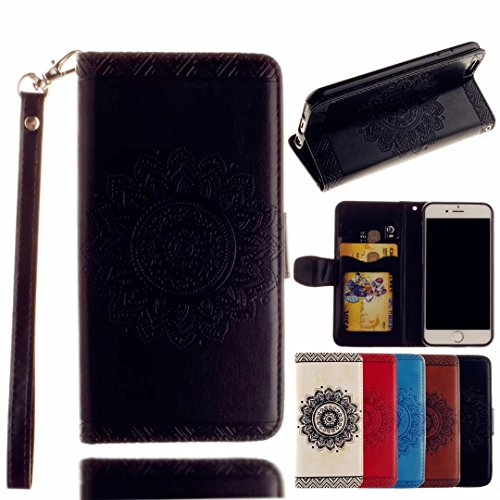 MUTOUREN Hülle für iPhone 7 4.7 Zoll Schutzhülle [Kratzfeste, Scratch-Resistant] Bookstyle PU Lader HandyHülle Tasche Wallet Flip Case Lederhülle Brieftasche mit Standfunktion Kartenfächer Magnetic schließt Painted Muster- Henna Indische Sonne Mandala Schwarz + Metall Stylus Stift - 2