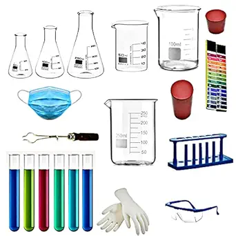 SPYLX Chemistry Kit Combo 3 Beakers, 3 Conical Flask, 6 Test Tube, 1 Mask, 1 Scientific Goggles, 1 Test Tube Holder, 1 Test Tube Stand, 2 Rubber Cork, 2 Packs of PH Papers- Pack of 20